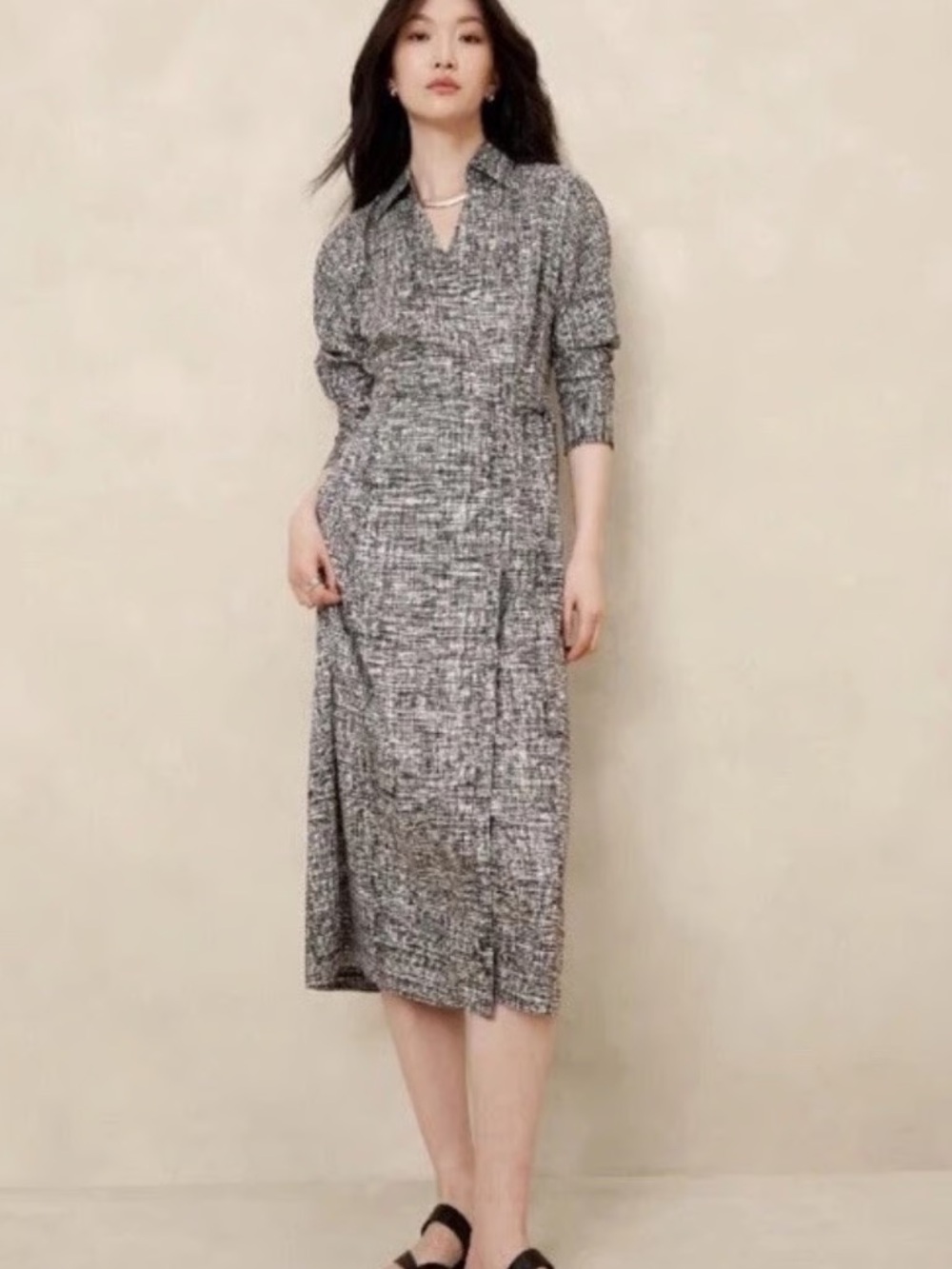 Banana republic white black with beige Printed Long-Sleeve Midi Dress